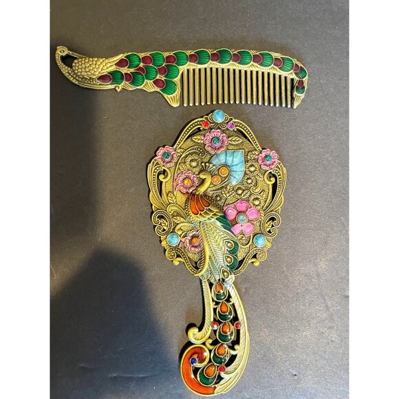 Beautiful Cloisonne Brass Peacock Mirror and Comb Set New main image 6